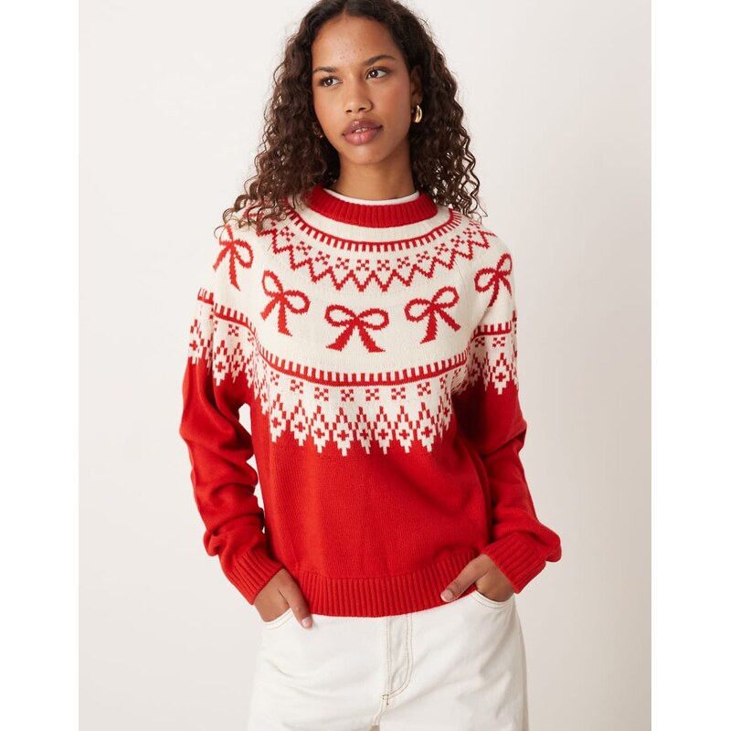 ASOS DESIGN bow pattern yoke fairisle jumper in red