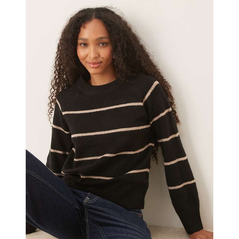 Brave Soul knitted crew neck jumper in black and beige stripe 109347095