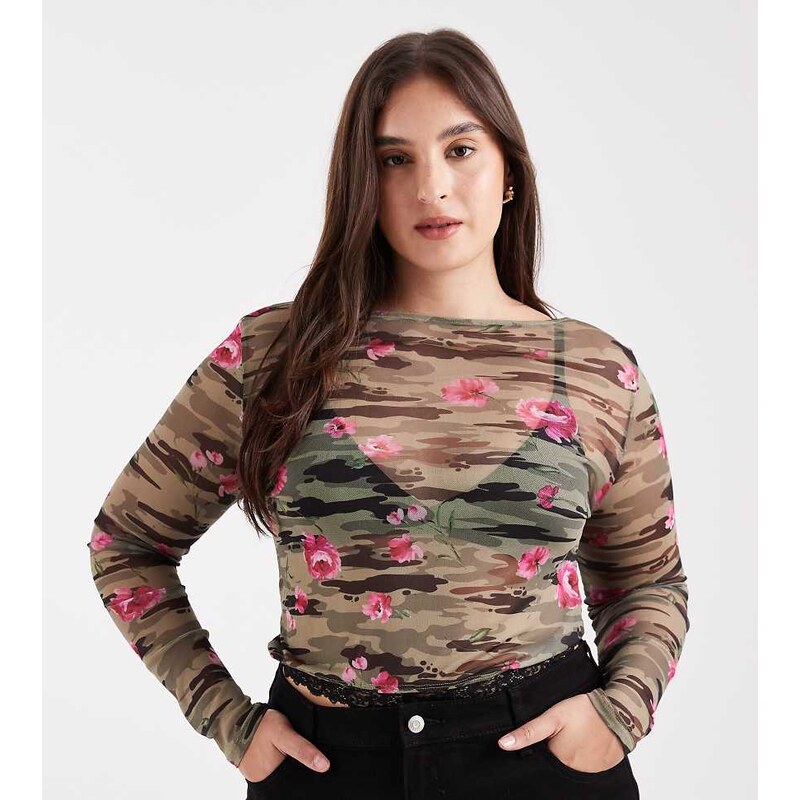 COLLUSION camo rose print long sleeve top-Multi