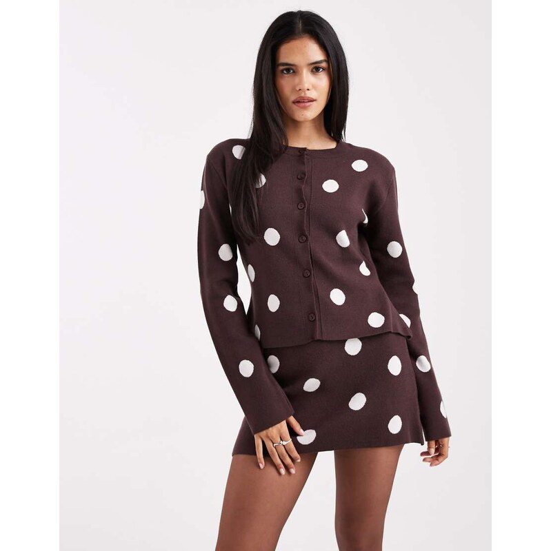 ASOS DESIGN fine knit compact cardigan co-ord in brown polka dot