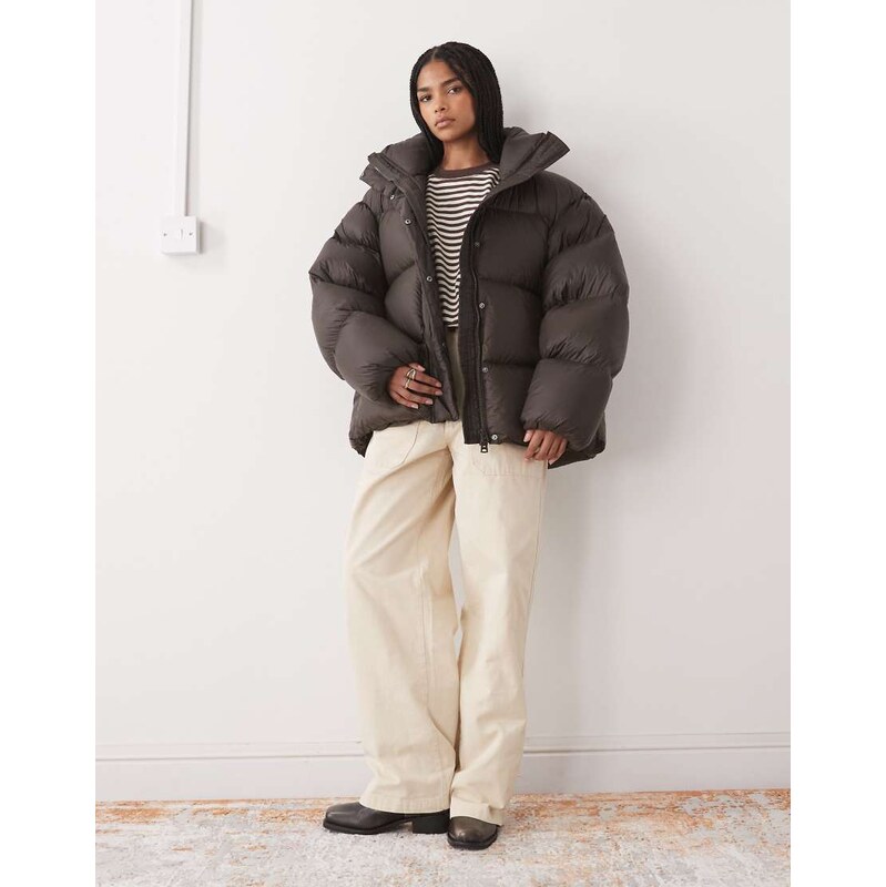 Weekday premium down puffer coat in dark brown 109347154