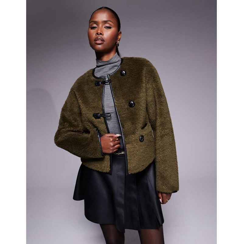 River Island borg button through duffle coat in dark khaki-Green 109347208