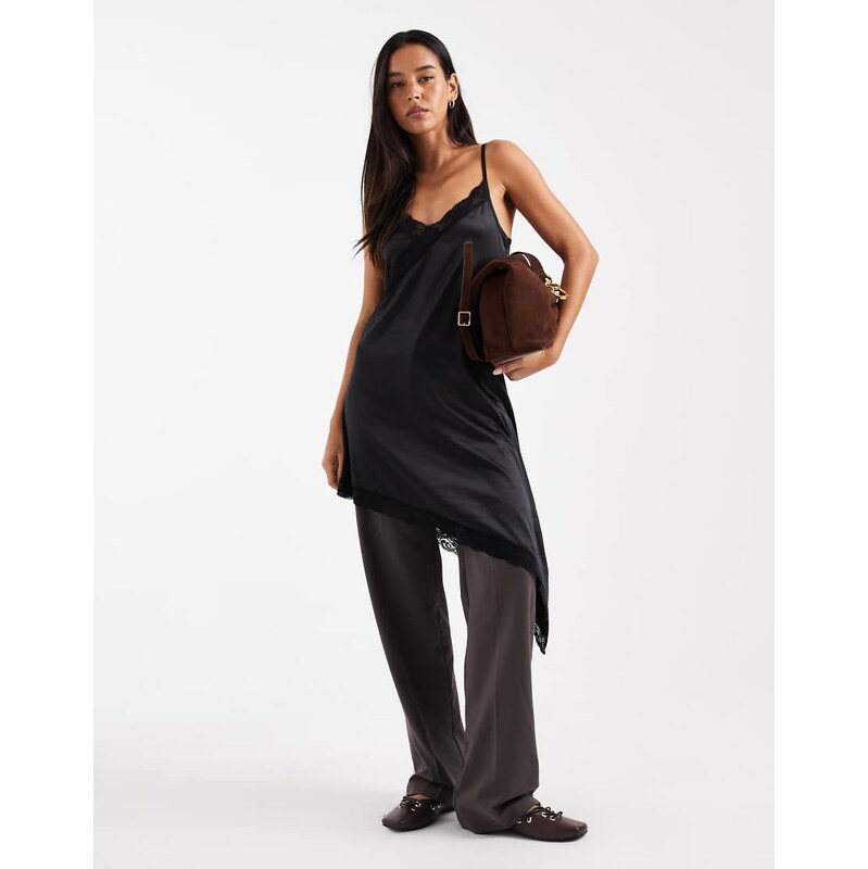 Miss Selfridge satin asym mini dress in black-Brown