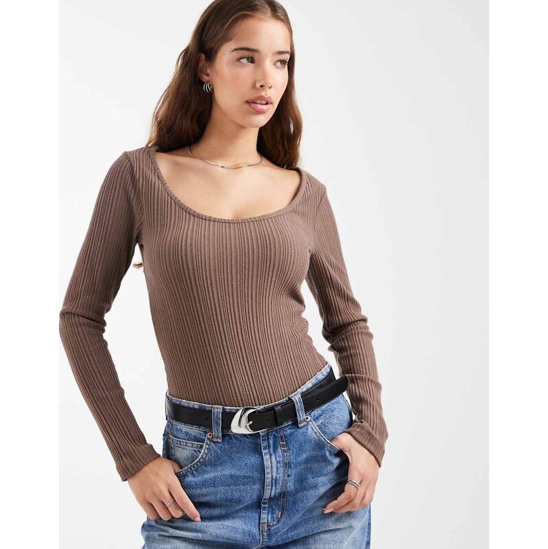 ASOS DESIGN Supersoft brushed rib scoop neck bodysuit in chocolate-Brown