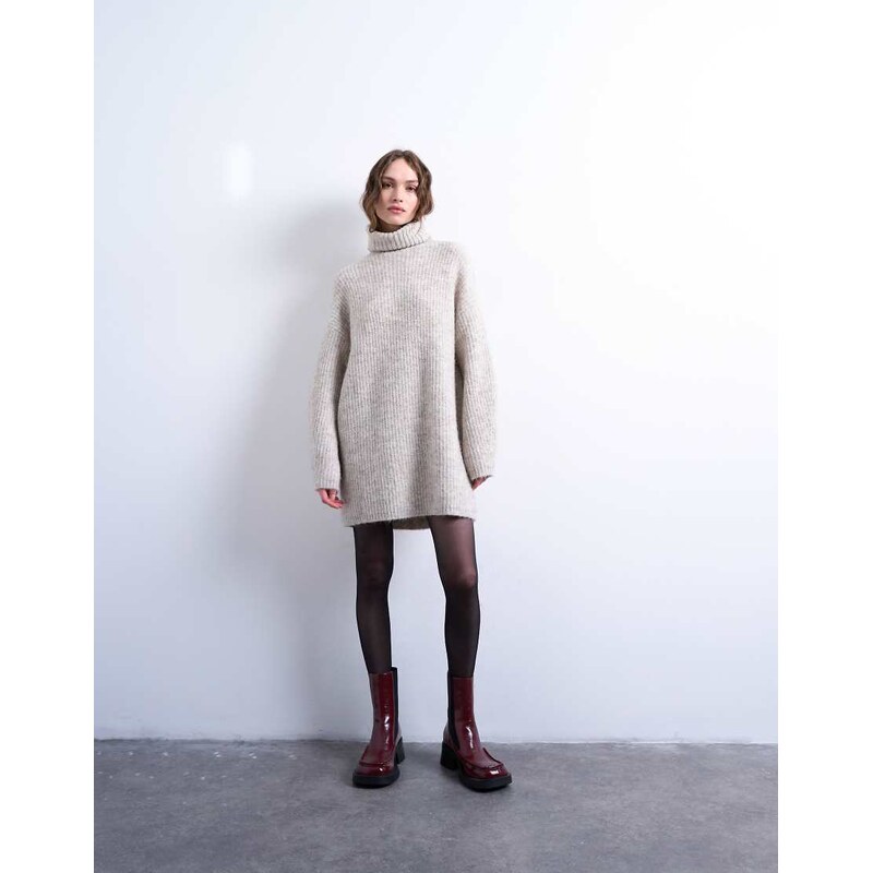 Topshop knitted roll neck mini dress in oat-Neutral