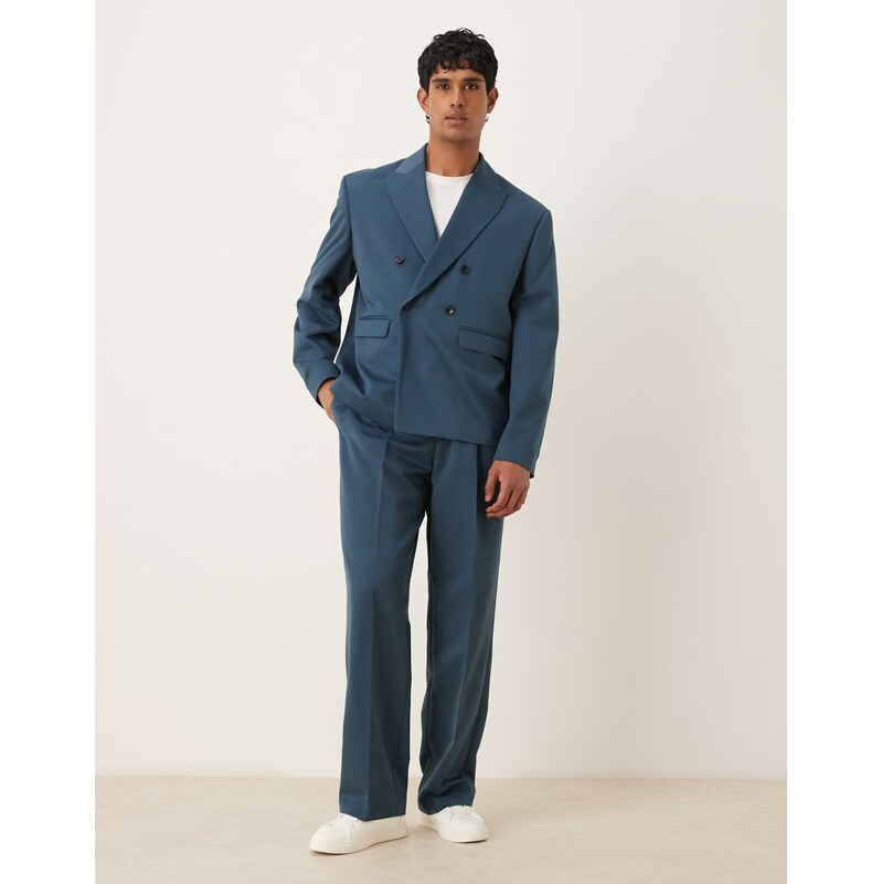 ASOS DESIGN wide leg suit trousers in mid blue-Navy