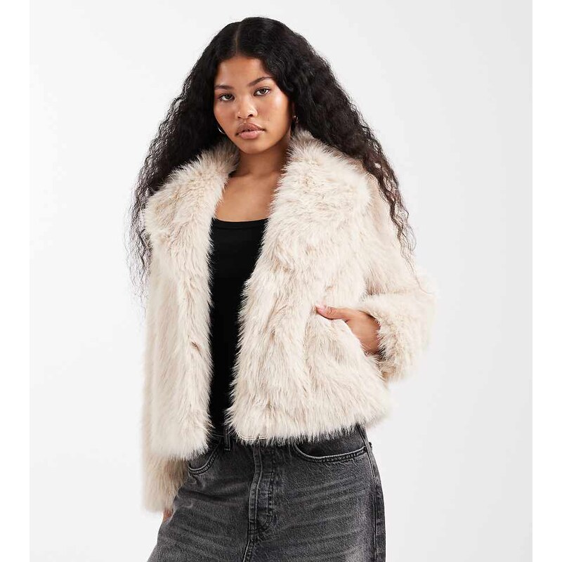 New Look Petite shaggy faux fur jacket in cream-White 109586268