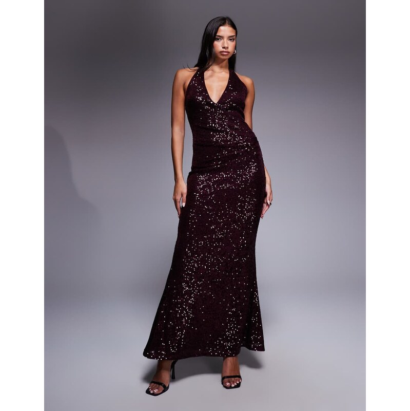 ASOS DESIGN all over sequin plunge maxi dress in burgundy-Red