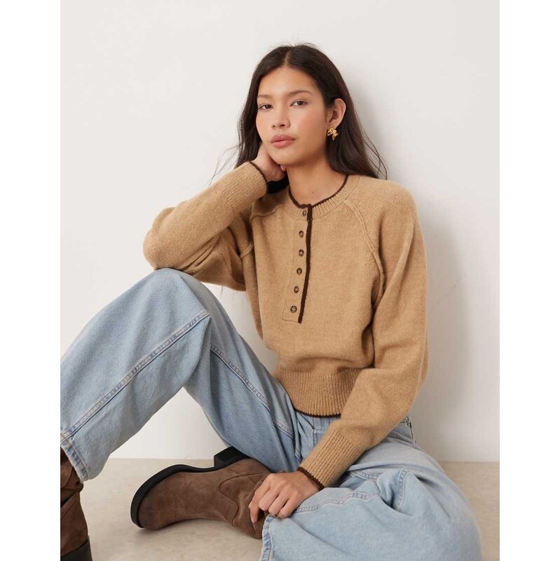 ASOS DESIGN knitted long sleeve henley jumper with tipping in