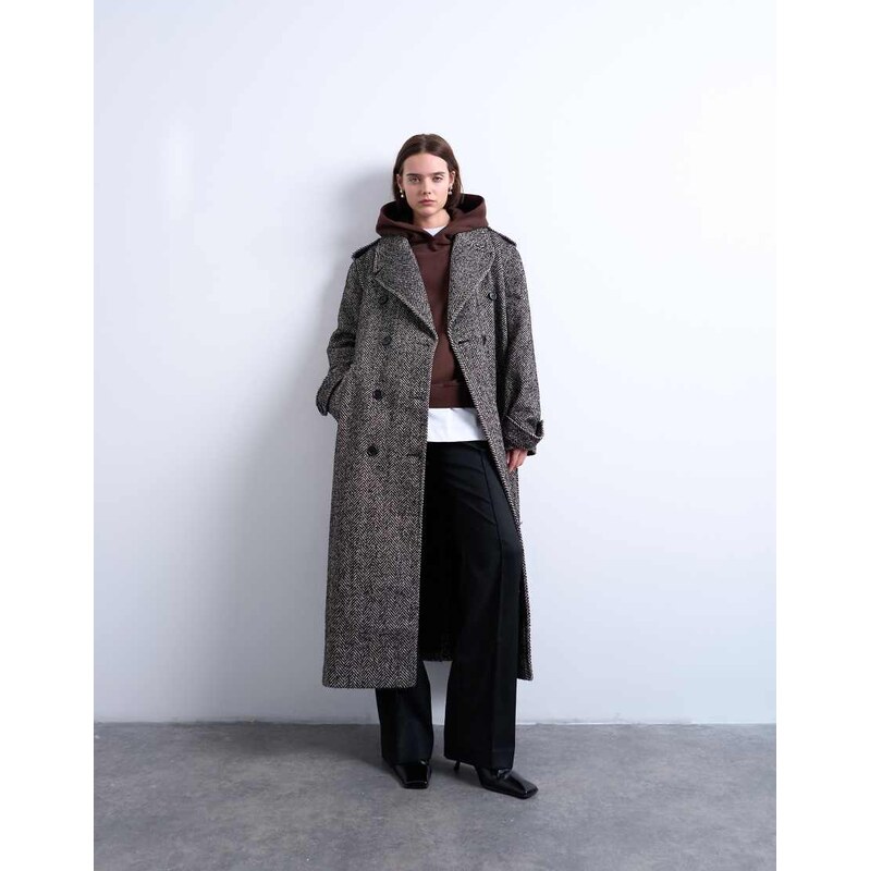 Topshop twill super longline belted coat with wool in multi
