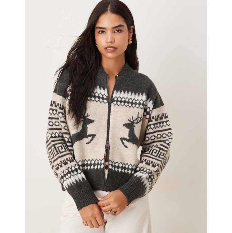ASOS DESIGN reindeer fairisle bomber cardigan in grey