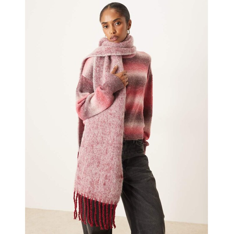 ASOS DESIGN woven fluffy tassel scarf in two tone red