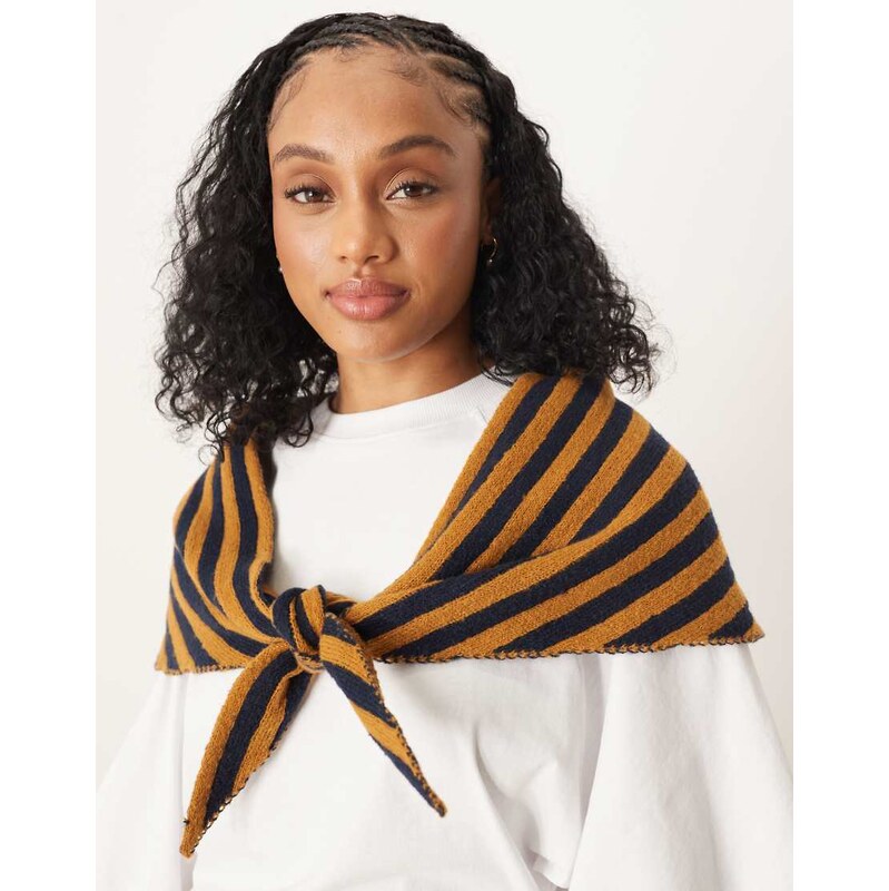 ASOS DESIGN knitted stripe triangle scarf in navy and mustard