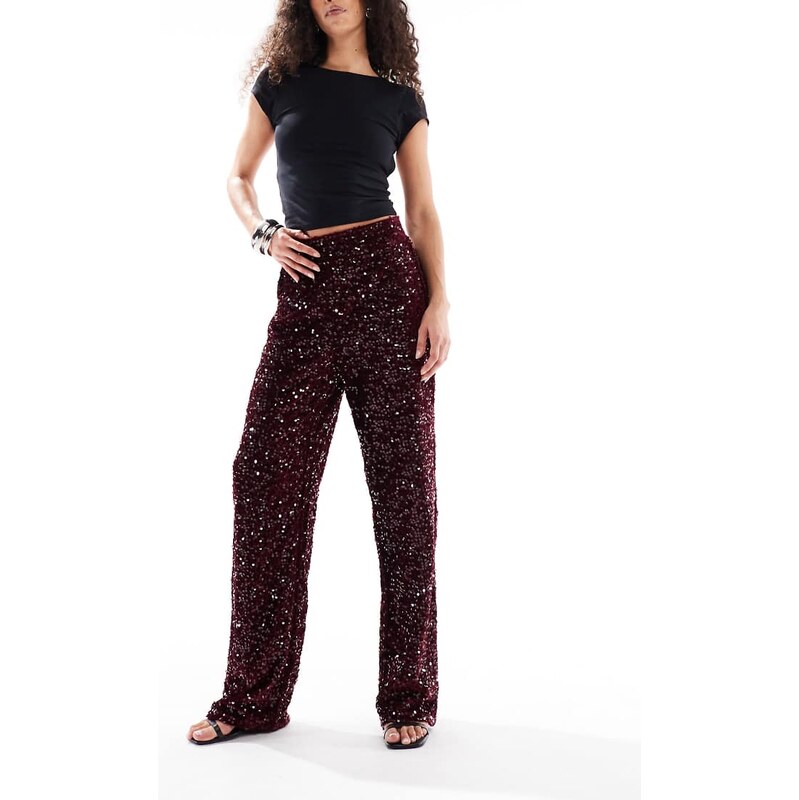 Pieces wide leg velour sequin trousers in burgundy-Red 111144275