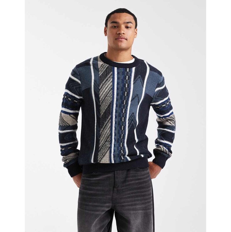 ONLY & SONS textured stitch crew neck knit jumper in mixed blues