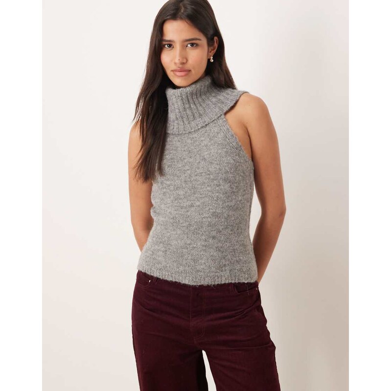 Gina Tricot chunky knitted sleeveless high neck top in mid grey 109350802