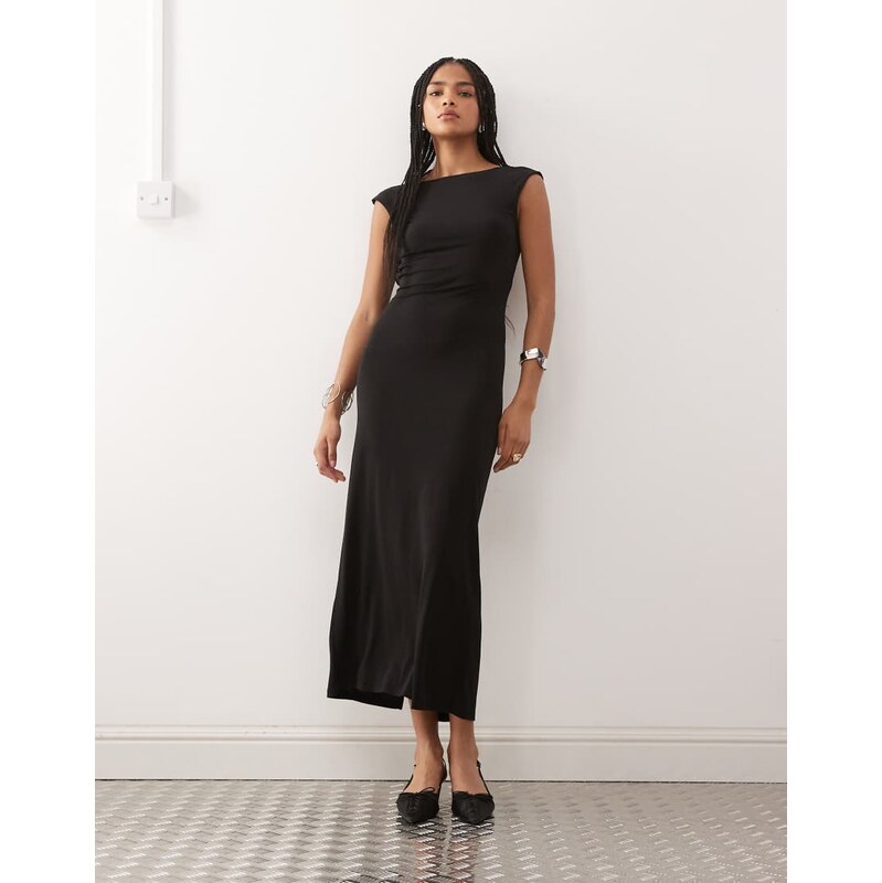 Noisy May ruche detail blackless maxi dress in black 109350824