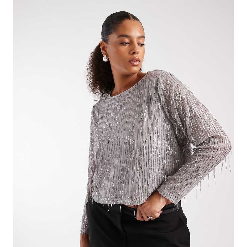 ONLY Curve sequin detail crop top in silver