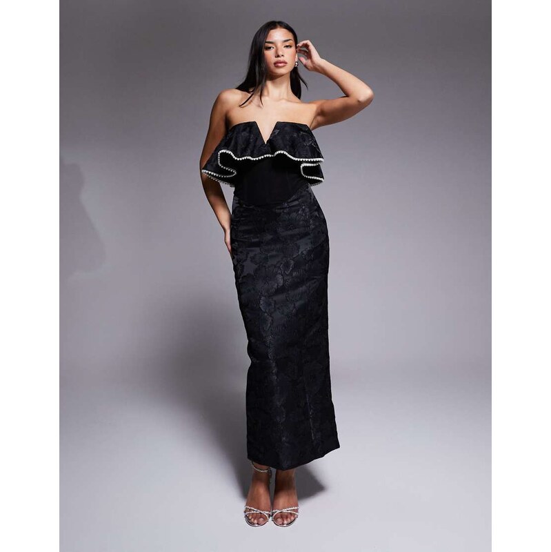 ASOS LUXE jacquard bardot maxi dress with pearl trim in black 109353694
