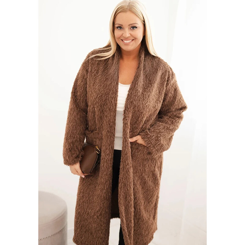 Kesi Hnědý dámský Plus Size teddy kabát z viskózy bez zapínání Hnědá 109172549