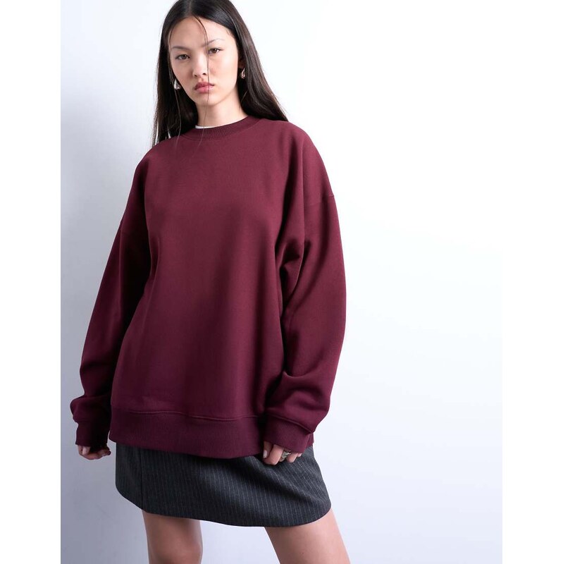 Topshop longline oversized sweat in burgundy-Red