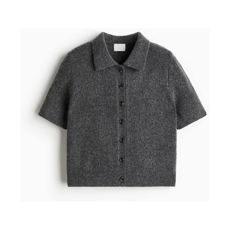 H&M - Propínací svetříks krátkým rukávem a límečkem - šedá 108429417