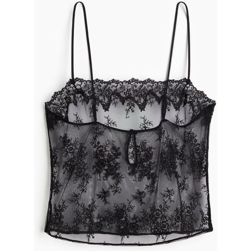 H&M - Vyšívaný top zesíťoviny - Černá
