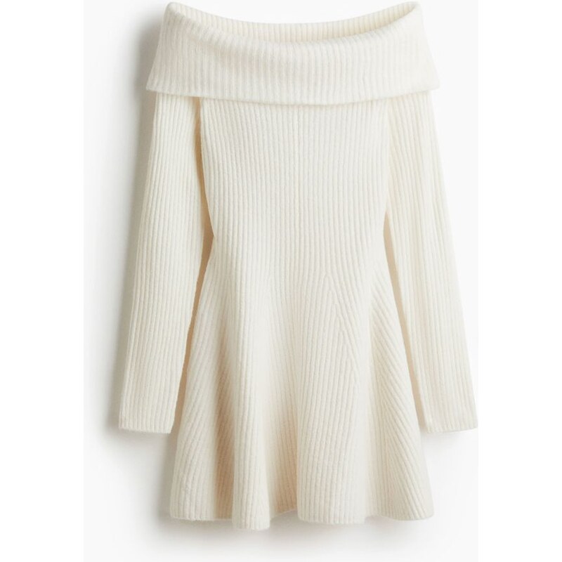 H&M - Šaty z žebrovaného úpletu odhalující ramena - Krémová