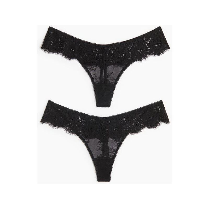 H&M - Krajkové kalhotky thong 2 kusy - Černá