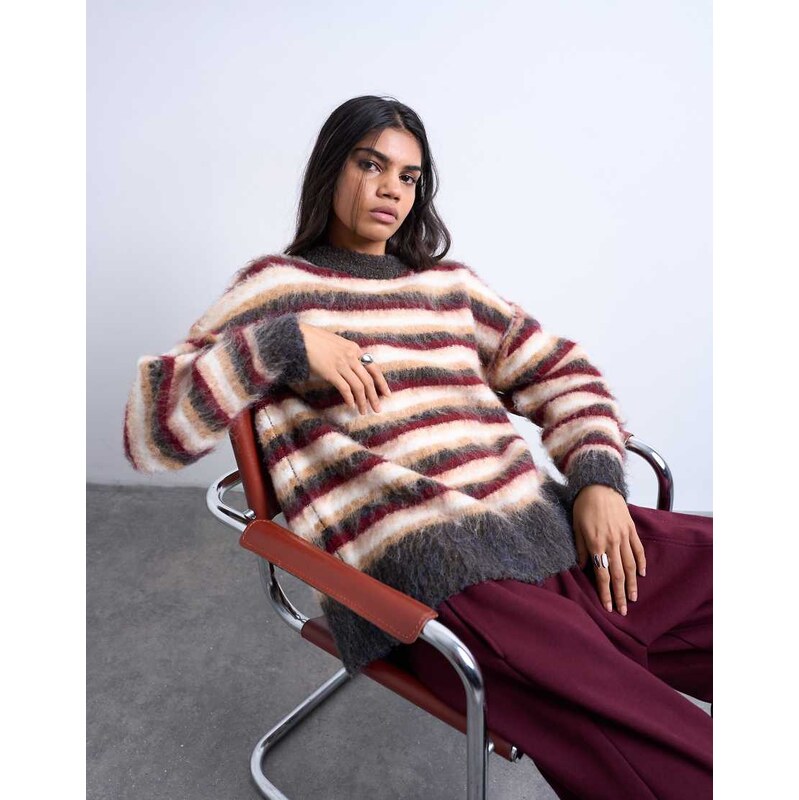 Topshop knitted fluffy stripe jumper in neutral and burgundy-Red 109353602