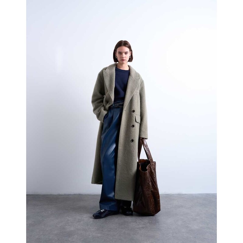 Topshop 3 button brushed coat with wool in sage-Green 109353607