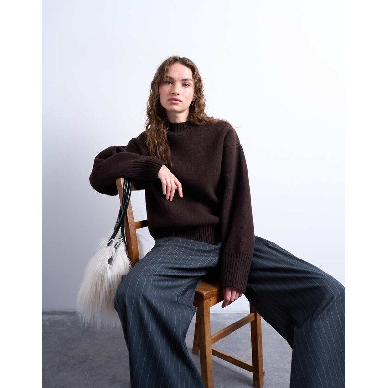 Topshop knitted chunky all needle clean crew jumper in chocolate-Brown 113261583