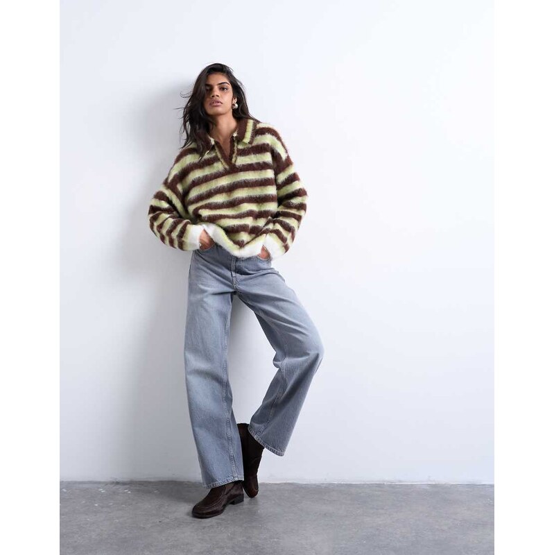 Topshop knitted v neck fluffy polo in green and brown 109353619
