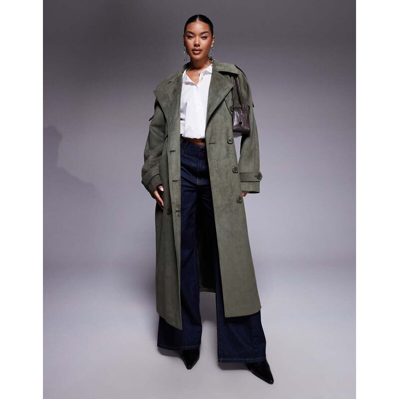 Aria Cove faux suede belted trench maxi coat in khaki-Green 110133341