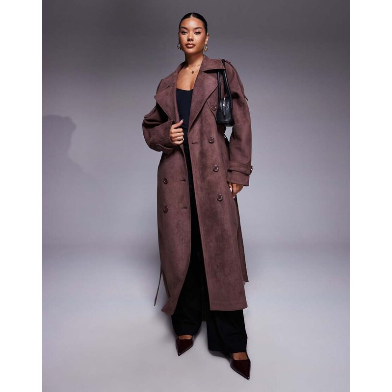 Aria Cove faux suede belted trench maxi coat in chocolate-Brown 110127387