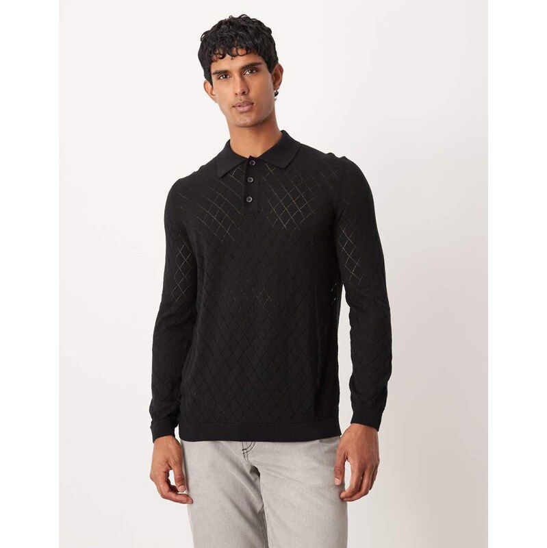 ASOS DESIGN pointelle knitted pattern polo in black