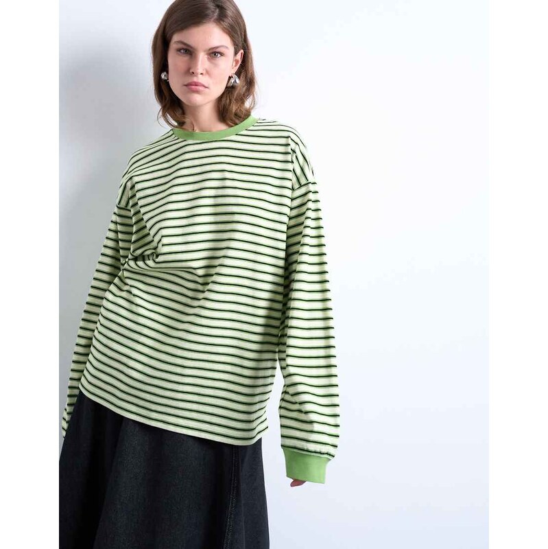 Topshop stripe long sleeve slouchy skater tee in green