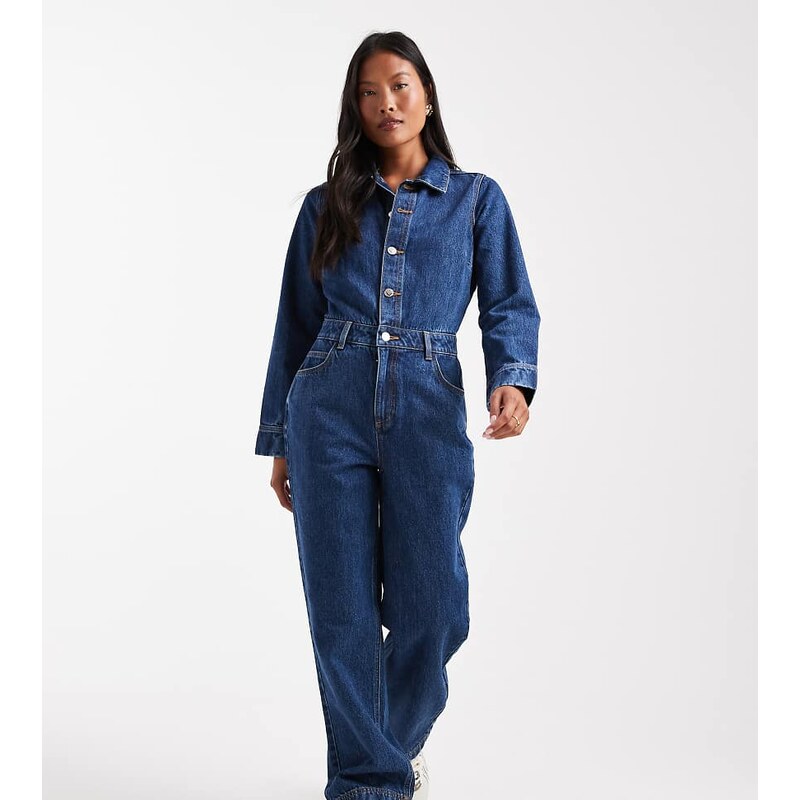 Miss Selfridge Petite denim boilersuit in indigo wash-Navy