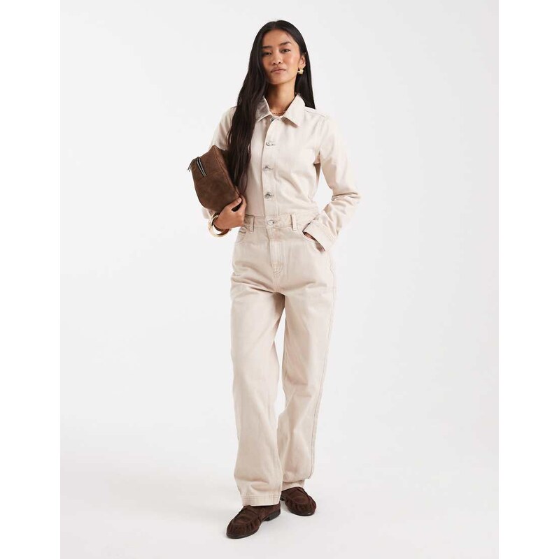 Miss Selfridge denim boilersuit in ecru wash-White