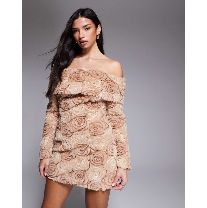 ASOS LUXE off shoulder fur flower mini dress in brown