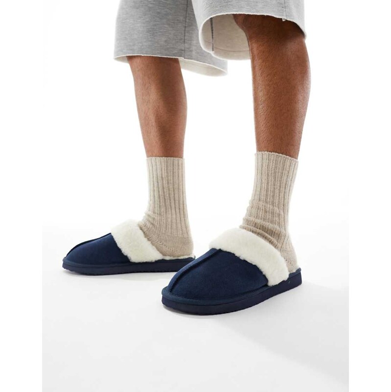 ASOS DESIGN mule slippers in navy suede with faux shearling