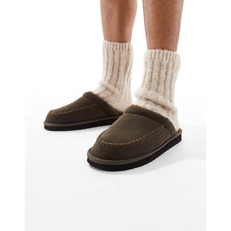 ASOS DESIGN mule slippers in brown with fleece lining