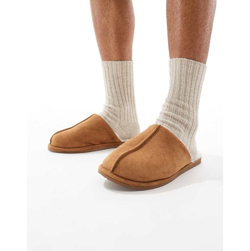 ASOS DESIGN mule slippers in tan with faux shearling lining