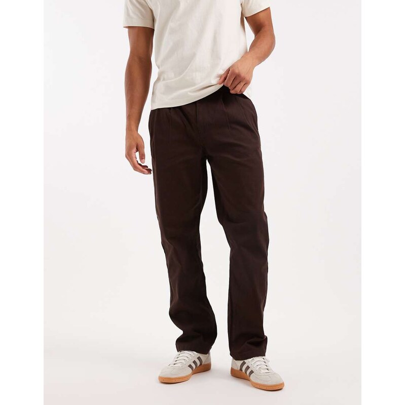 ASOS DESIGN straight trousers in brown with pleats and side
