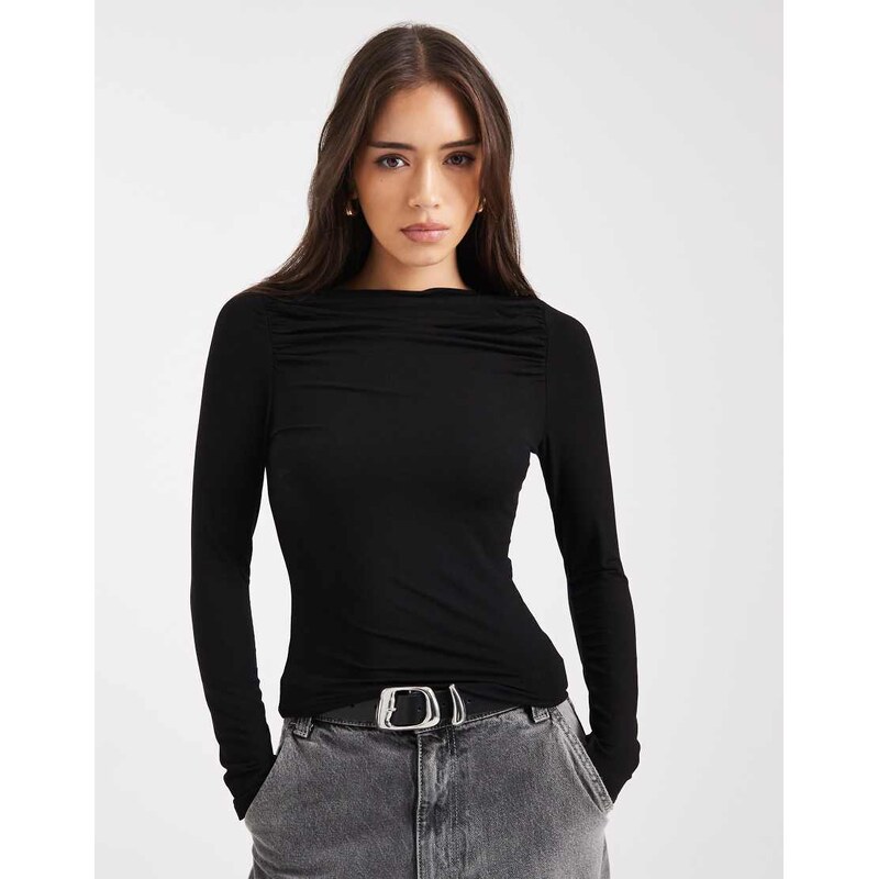 Miss Selfridge ruched slash neck top in black 109353850