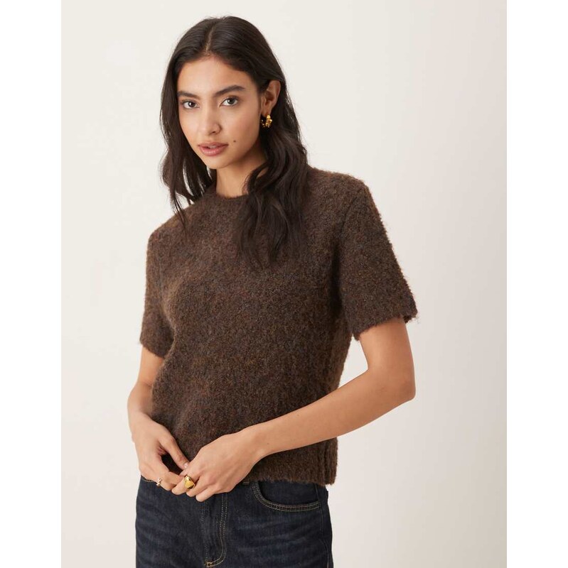 Mango wool mix fluffy short sleeve knitted top in brown 109353906