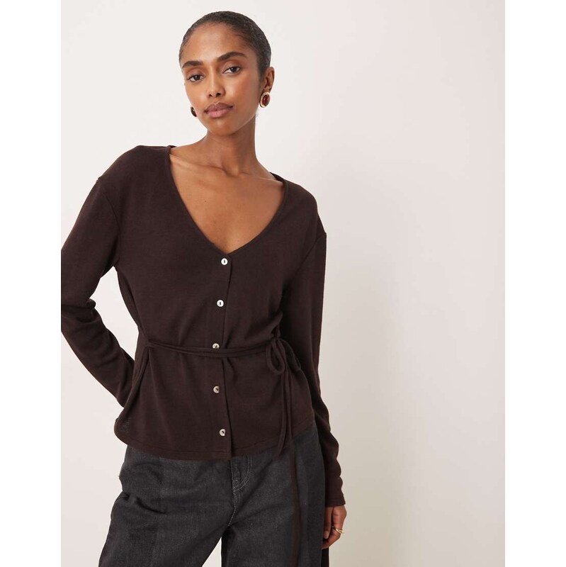Mango belted fine cardigan in chocolate brown 109353908
