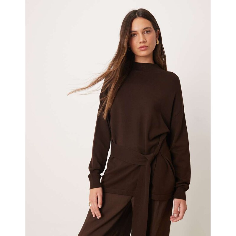 Mango knitted high neck tie waist jumper in dark brown 109353909