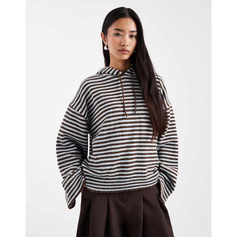 ASOS DESIGN fluffy knitted hoodie co-ord in blue and brown stripe 109381082