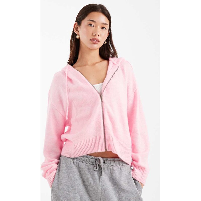 ASOS DESIGN fluffy knitted zip up hoodie in light pink 109594260